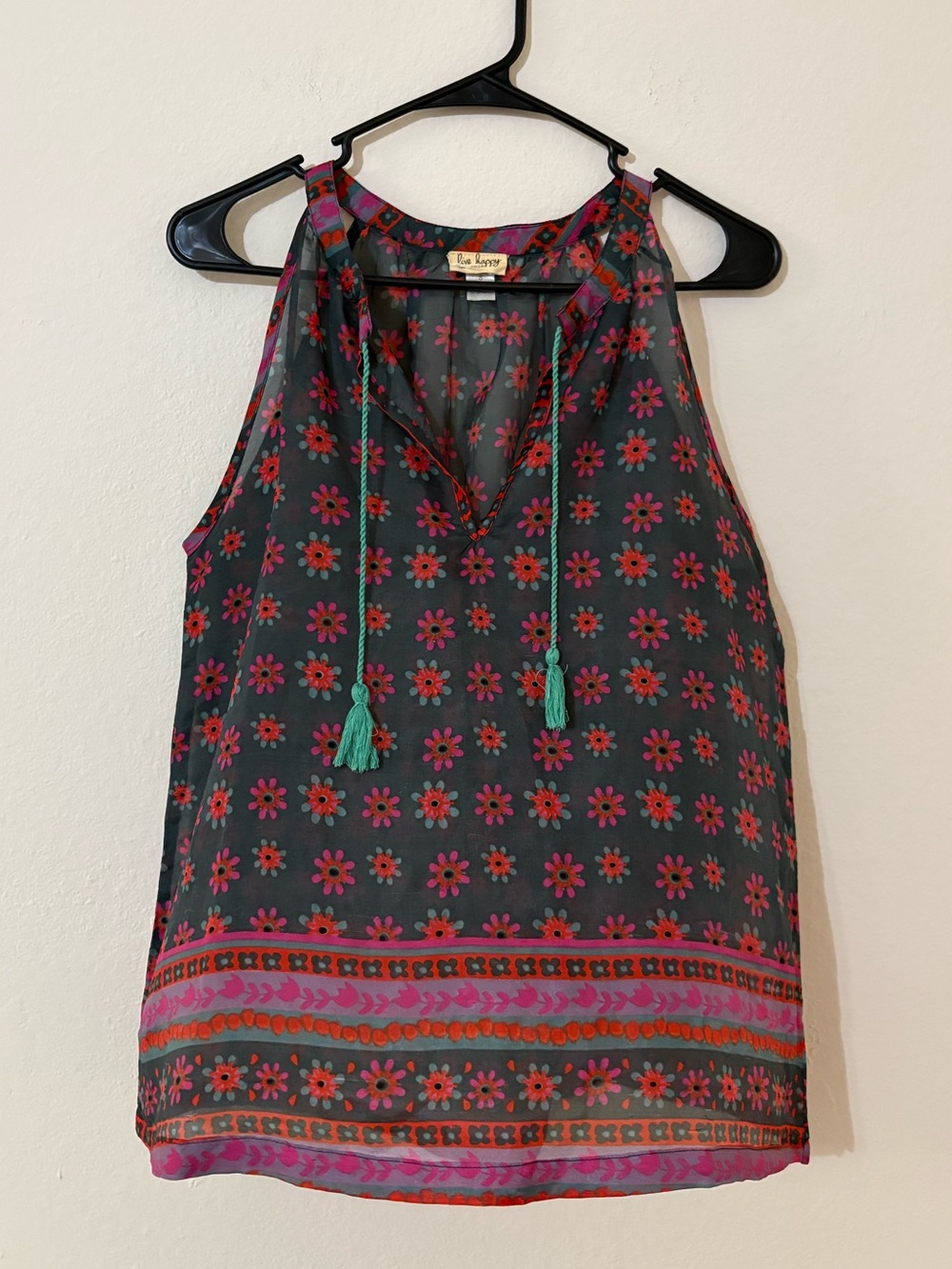 Natural Life Live Happy Floral Sheer Tank Top Tassel Tie Boho Size S